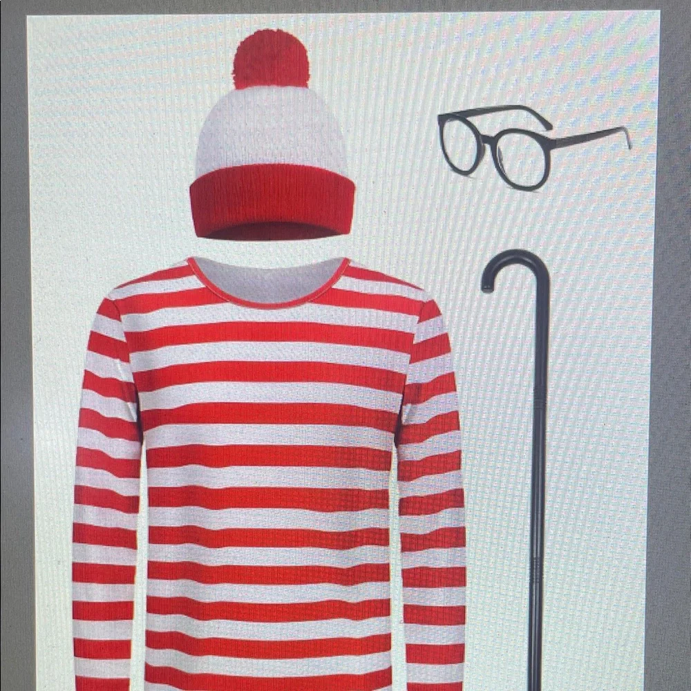 NWT WHERES WALDO? Adult red-white striped book character costume cane & glasses - Picture 3 of 3